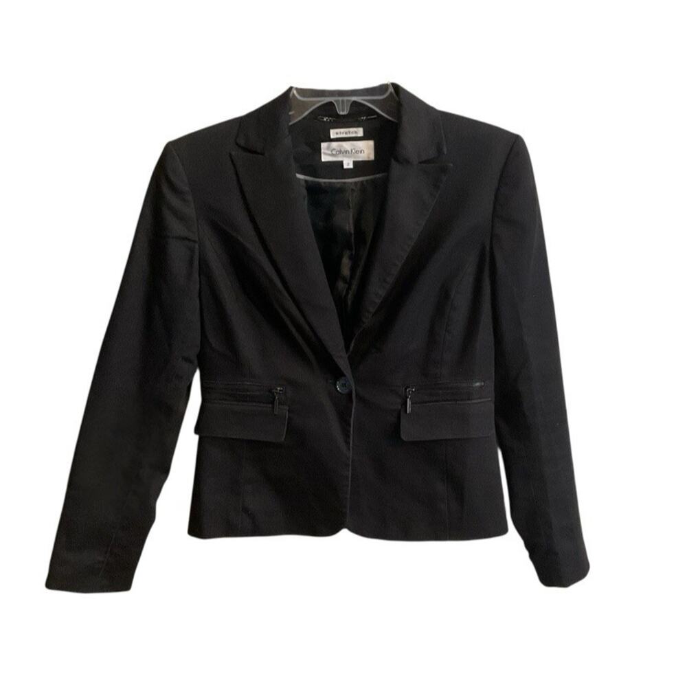 Calvin Klein Blazer Size 2 Black Fully Lined Zip‎ Pockets Notched Collar